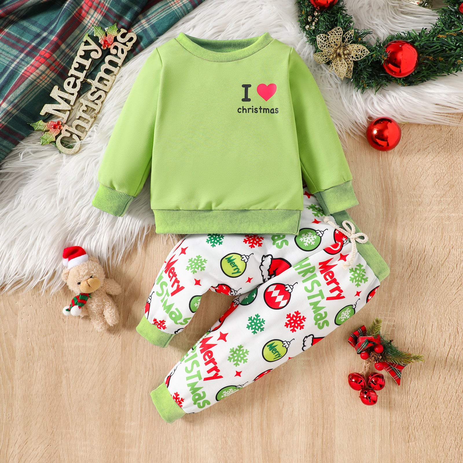 2PCS Merry Christmas Letter Printed Long Sleeve Baby Set