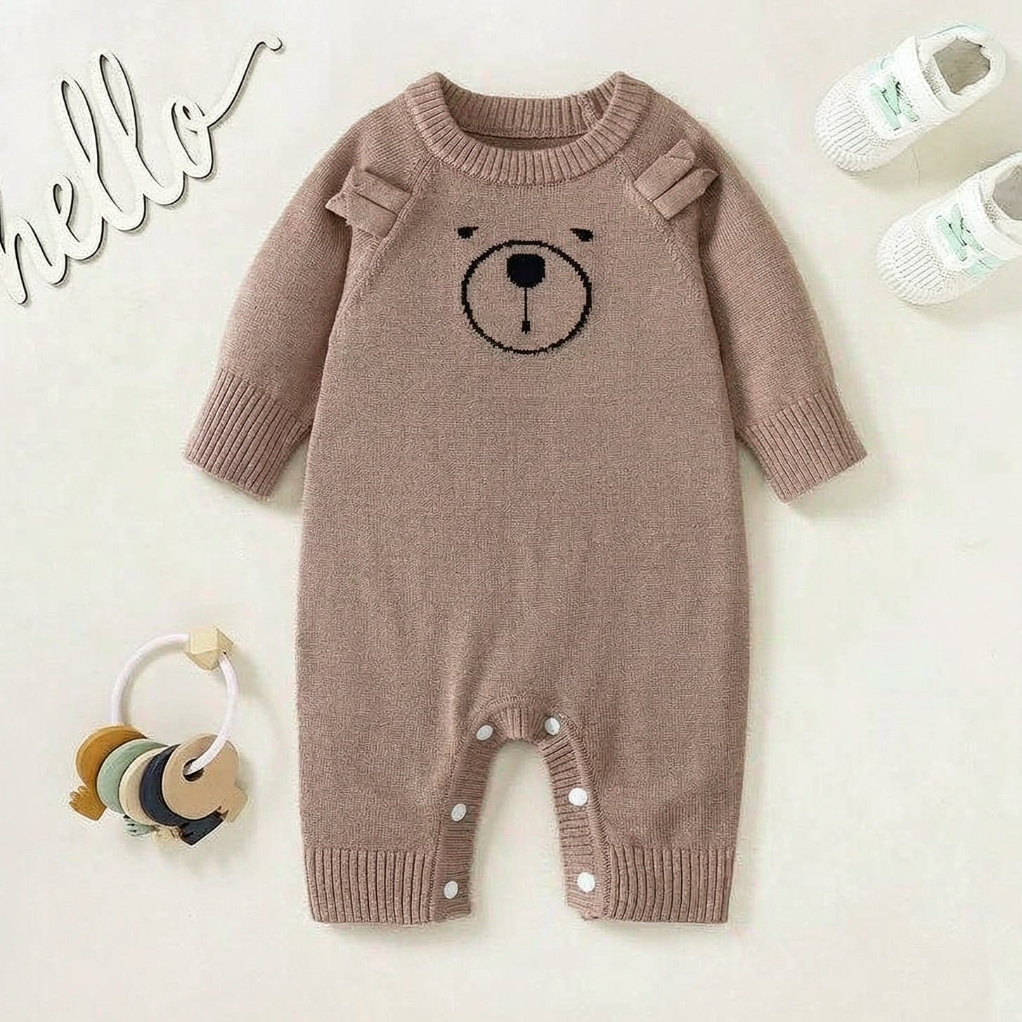 Baby Knit Jumpsuit with 3D Bear Ears and Bear Face Long Sleeve