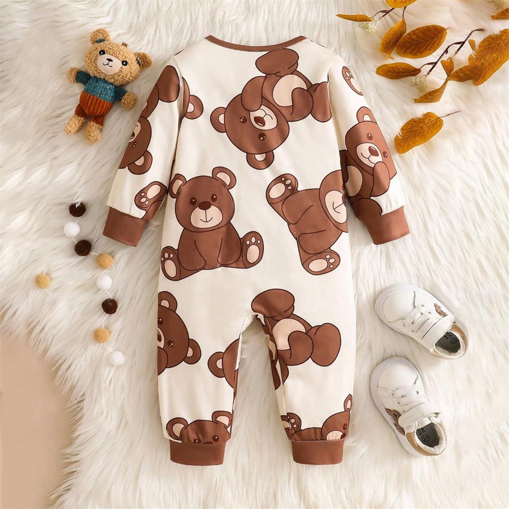 Adorable Bear Print Full Allover Print Crew Neck Baby Jumpsuit