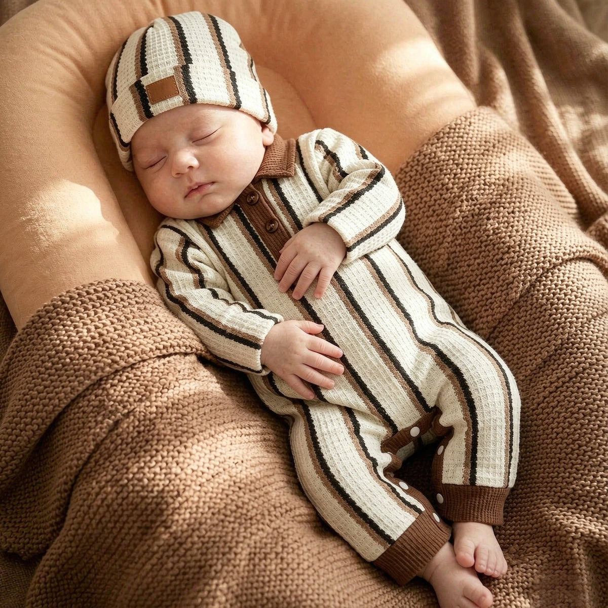 2PCS Colorblock Stripe Print Long Sleeve Waffle Baby Boy Jumpsuit