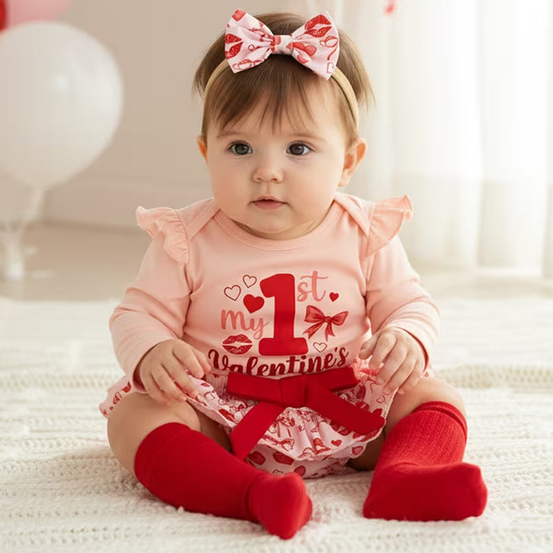 4PCS My 1st Valentine's Day Letter Heart Print Baby Set