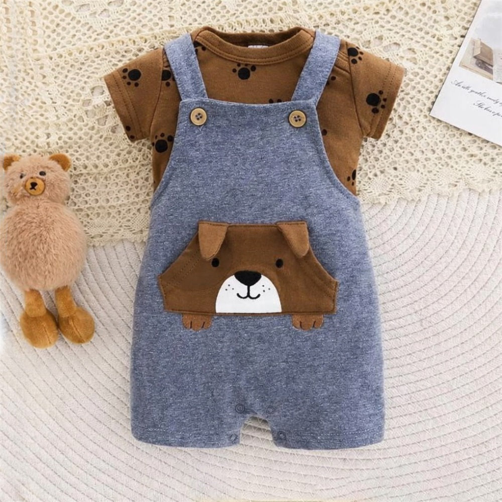 2PCS Casual Bear Printed Short Sleeve Baby Overalls Set