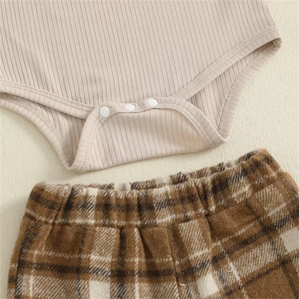 3PCS Trend Plaid Print Lace Decor Long Sleeve Baby Set