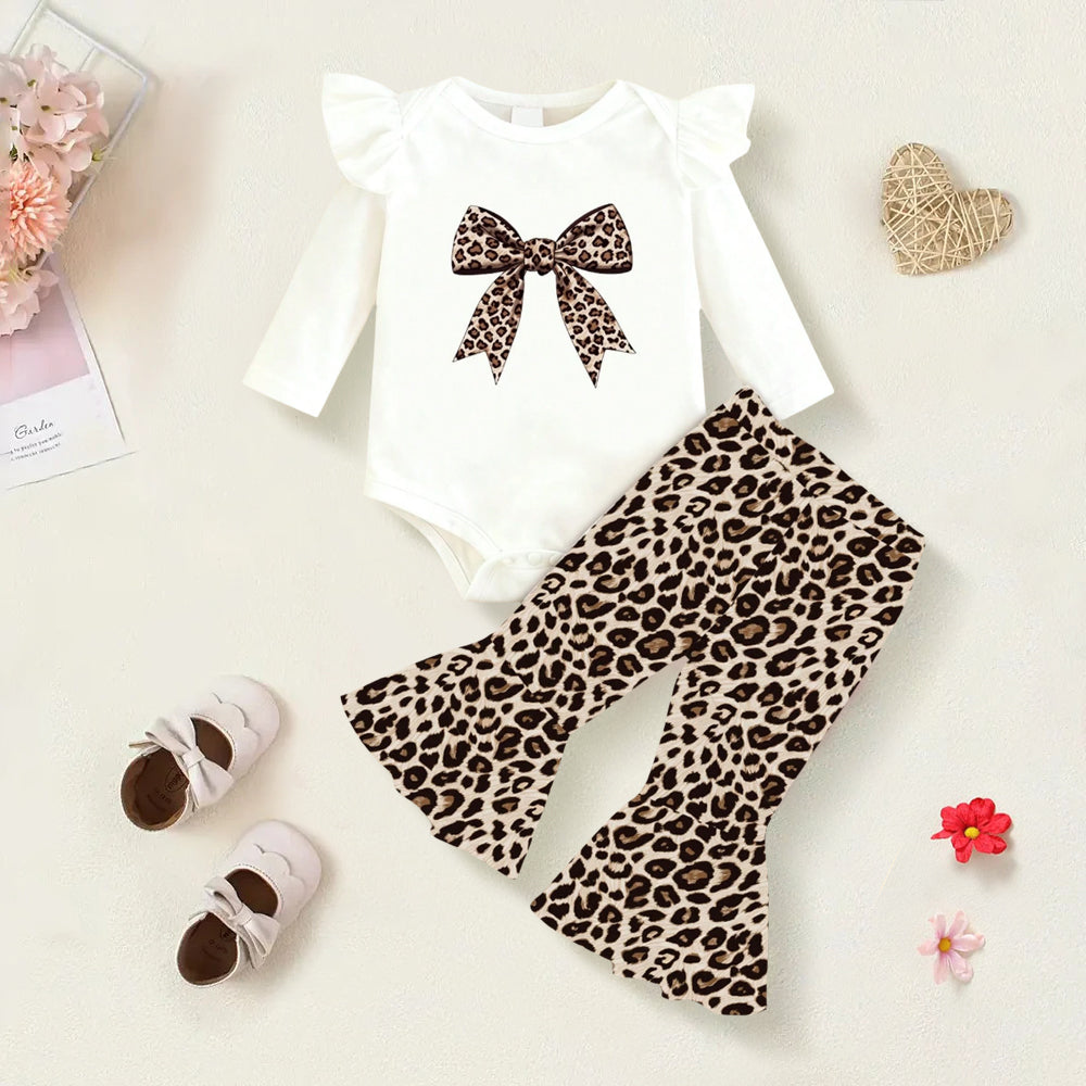 2PCS Stylish Leopard Bow Print Long Sleeve Baby Set