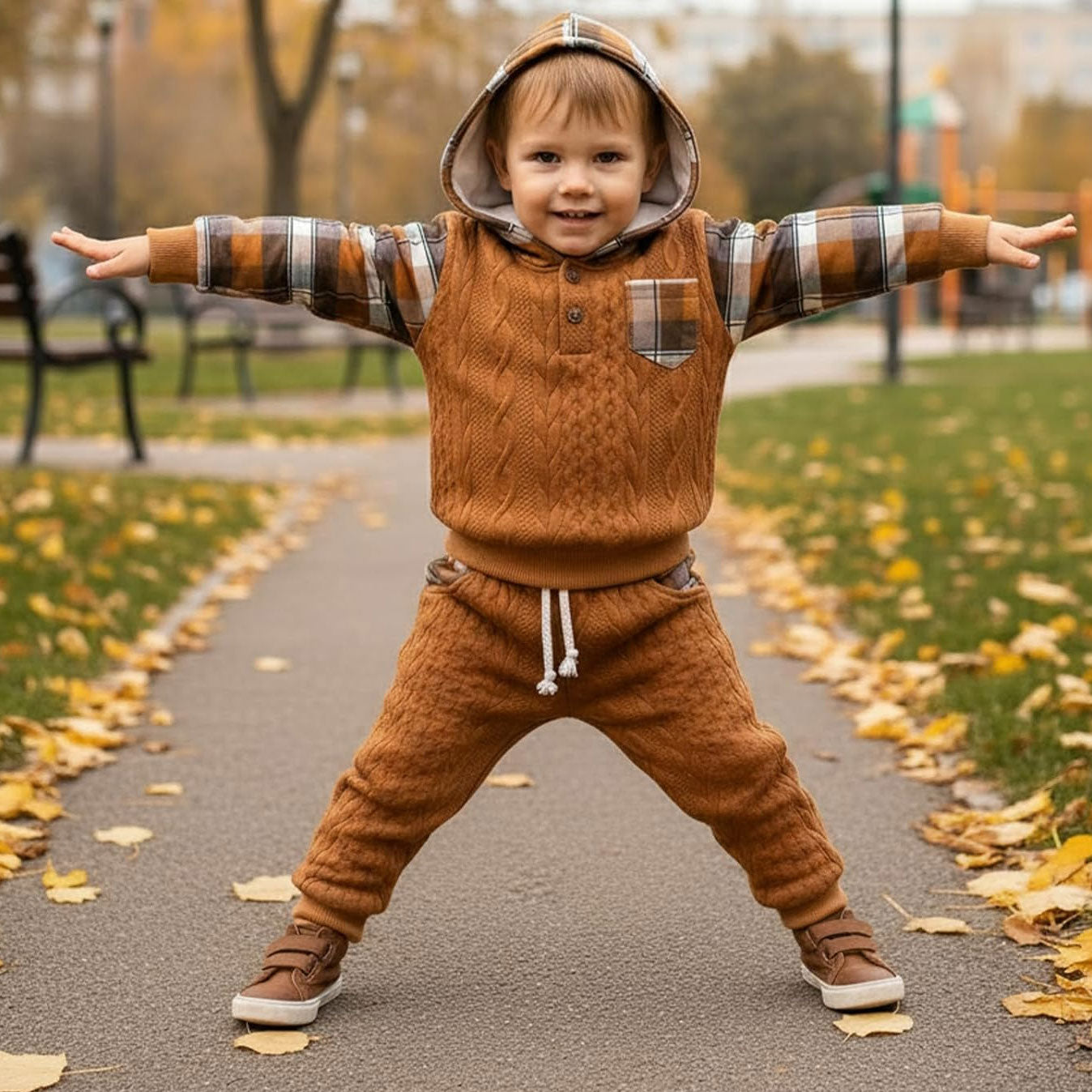 2PCS Stylish Plaid Printed Long Sleeve Cable Knit Hoodie Baby Set