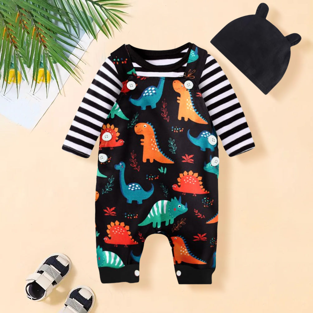 3PCS Dinosaur Striped Long Sleeve Baby Overalls Set