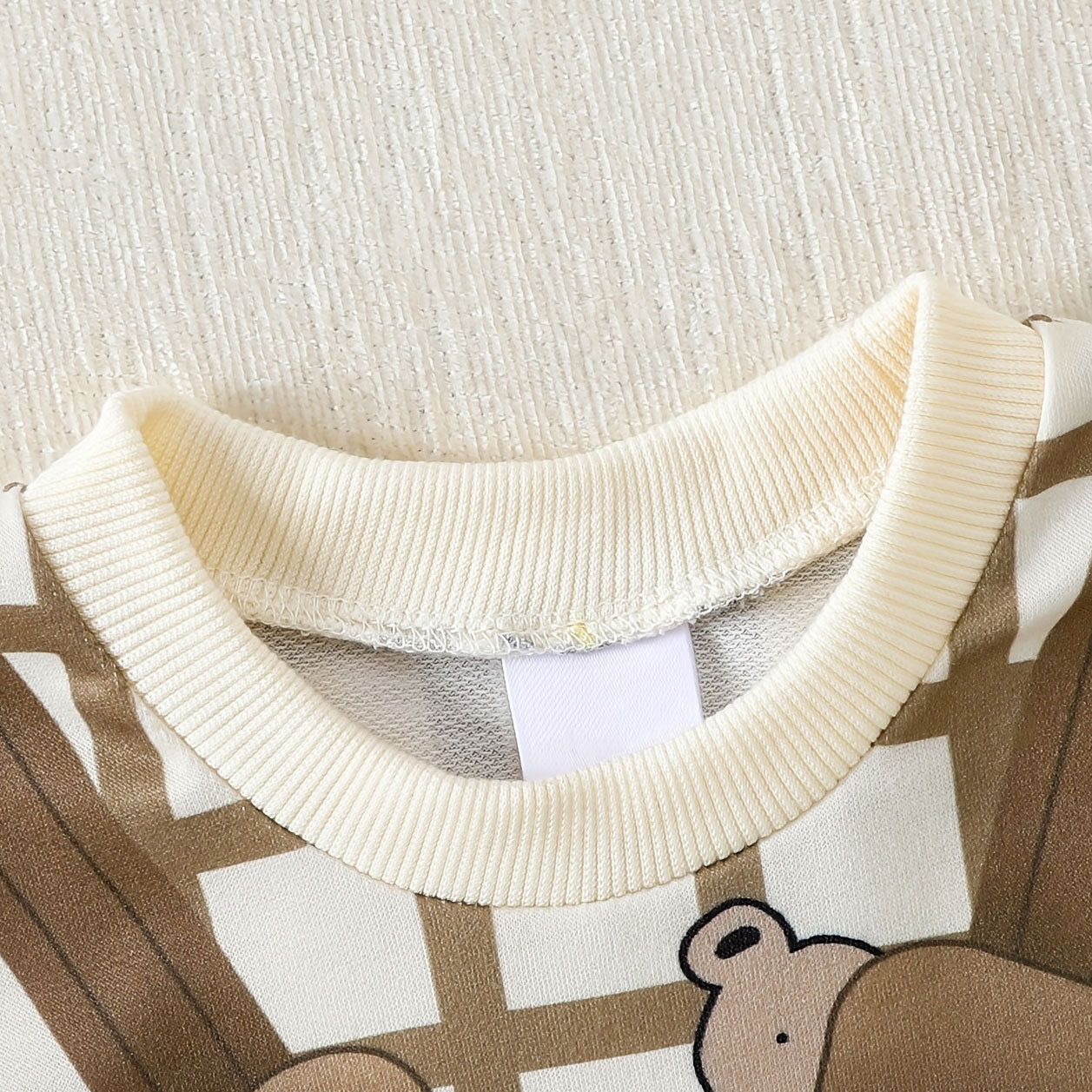 Cartoon Bear and Plaid Printed Long Sleeve Baby Jumpsuit