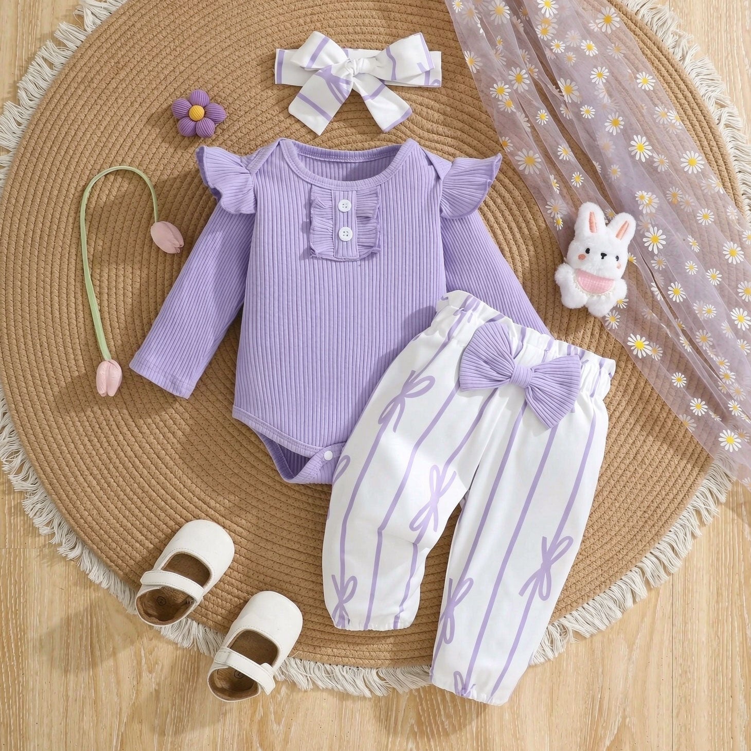 3PCS Dreamy Bow and Stripe Printed Long Sleeve Baby Set
