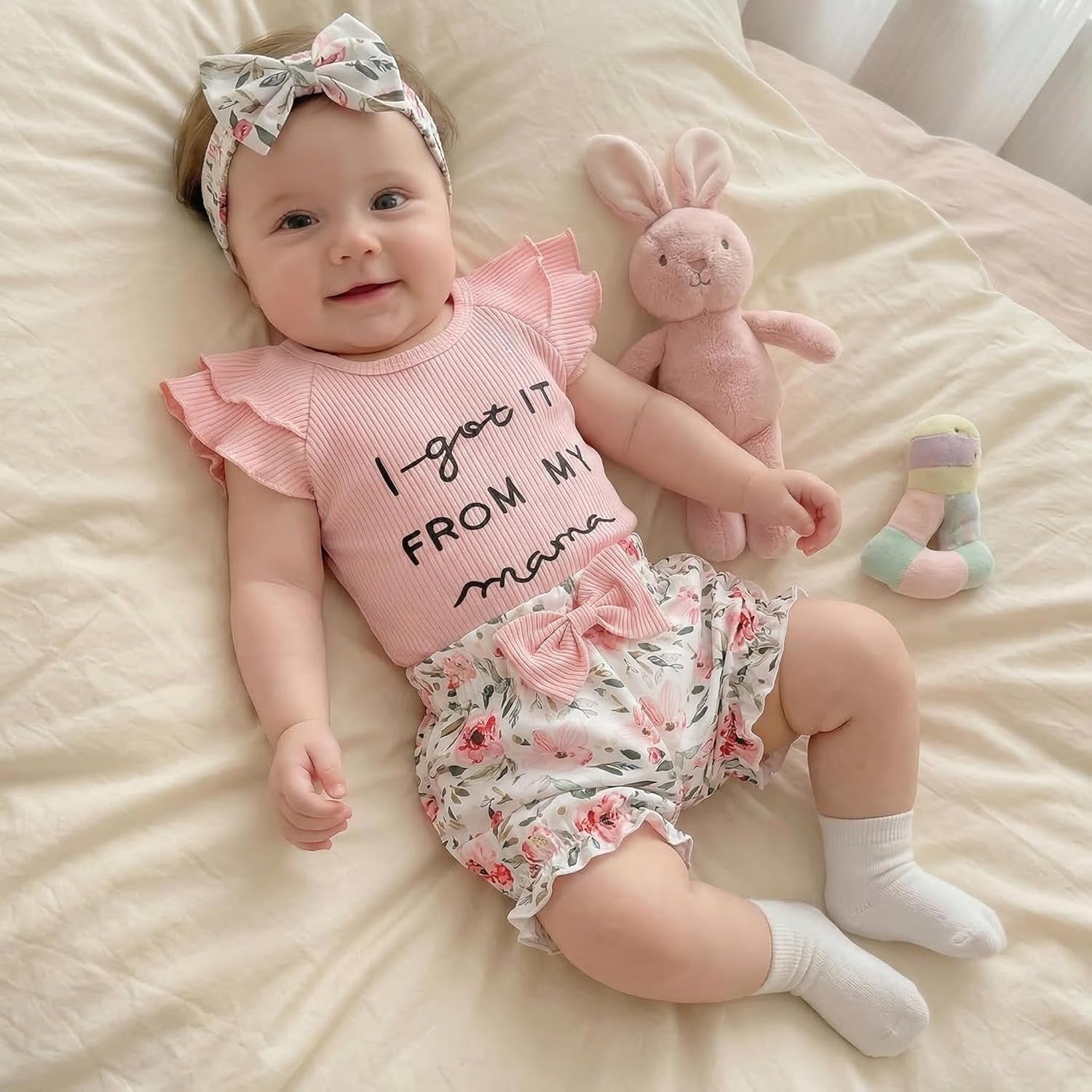 3PCS I Got It From My Mama Letter Floral Print Flounce Sleeve Baby Set