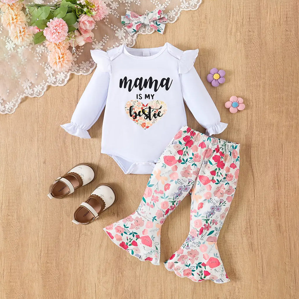 3PCS Mama Is My Bestie Letter Floral Printed Baby Girl Set