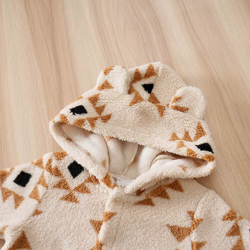 Warm Plush Long Sleeve Hooded Baby Jumpsuit