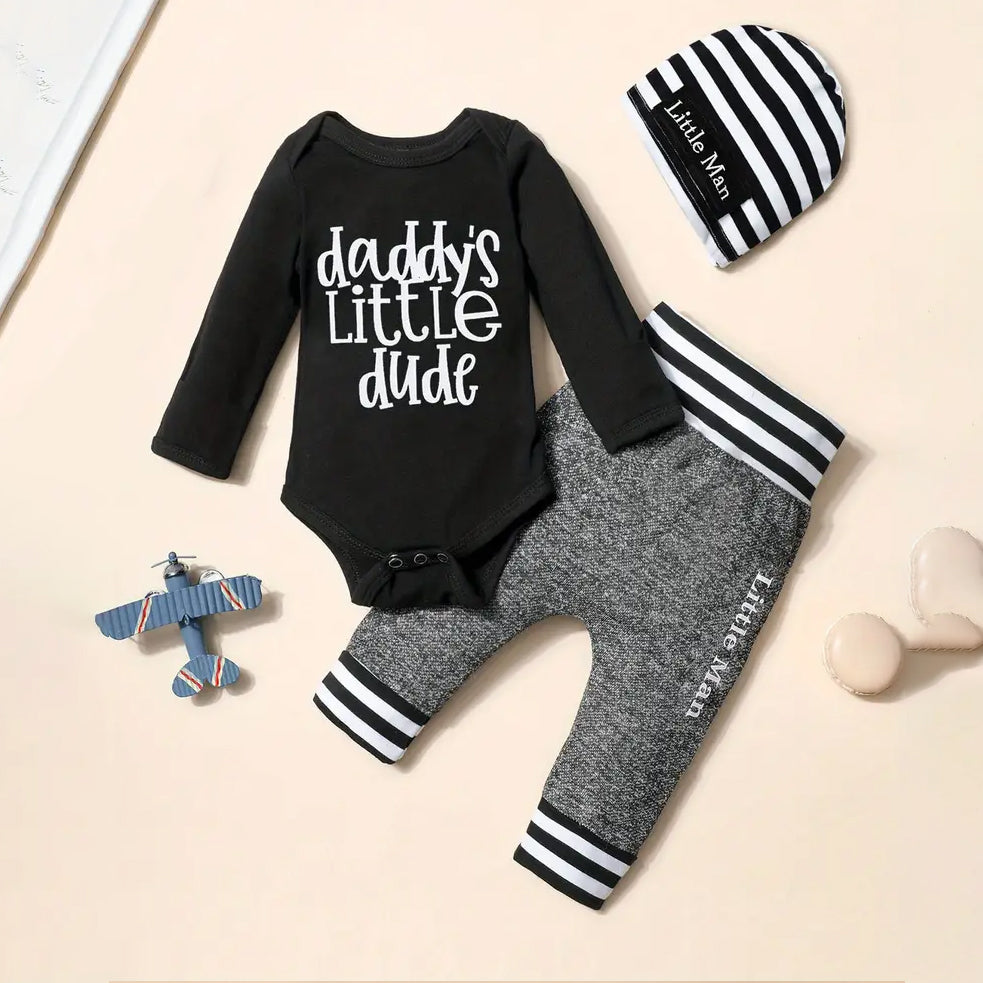 3PCS Daddy's Little Dude Letter Striped Printed Long Sleeve Baby Set