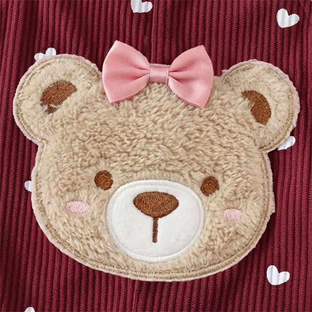 2PCS Bear Applique Heart Print Long Sleeve Corduroy Baby Overalls Set