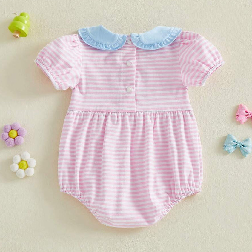Grace Bow Embroidery Stripe Print Short Sleeve Baby Romper