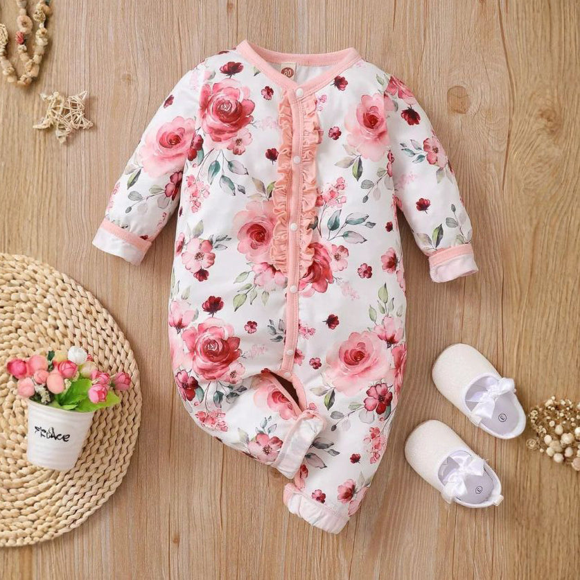 Classy Floral Printed Ruffle Long Sleeve Baby Jumpsuit