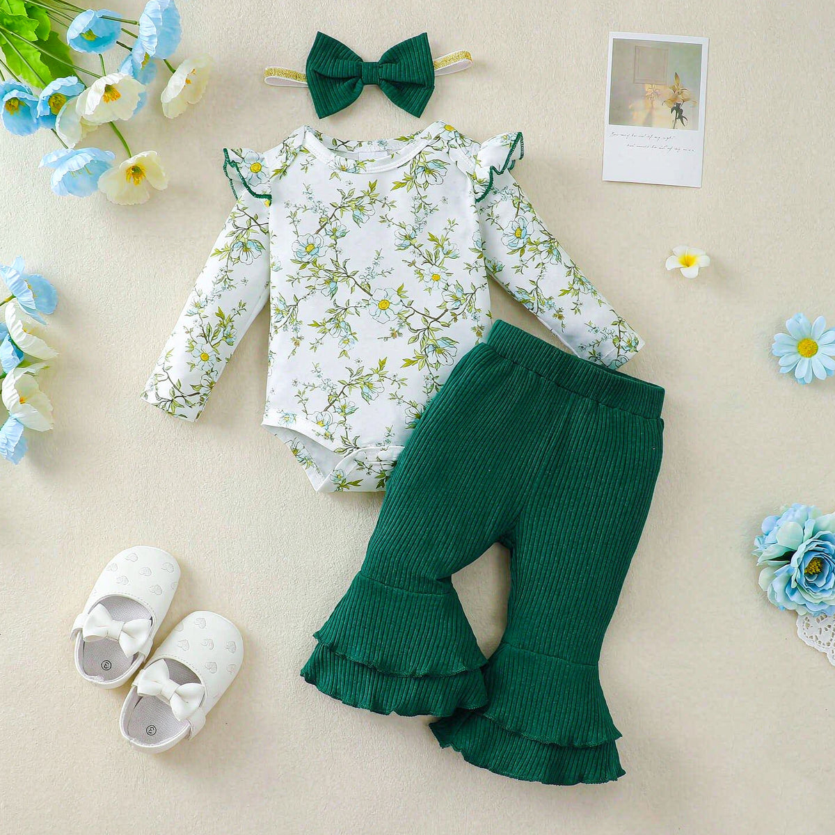 3PCS Vintage Floral Print Long Sleeve Baby Set