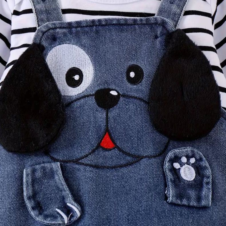 2PCS 3D Dog Stripe Print Long Sleeve Baby Overalls Set