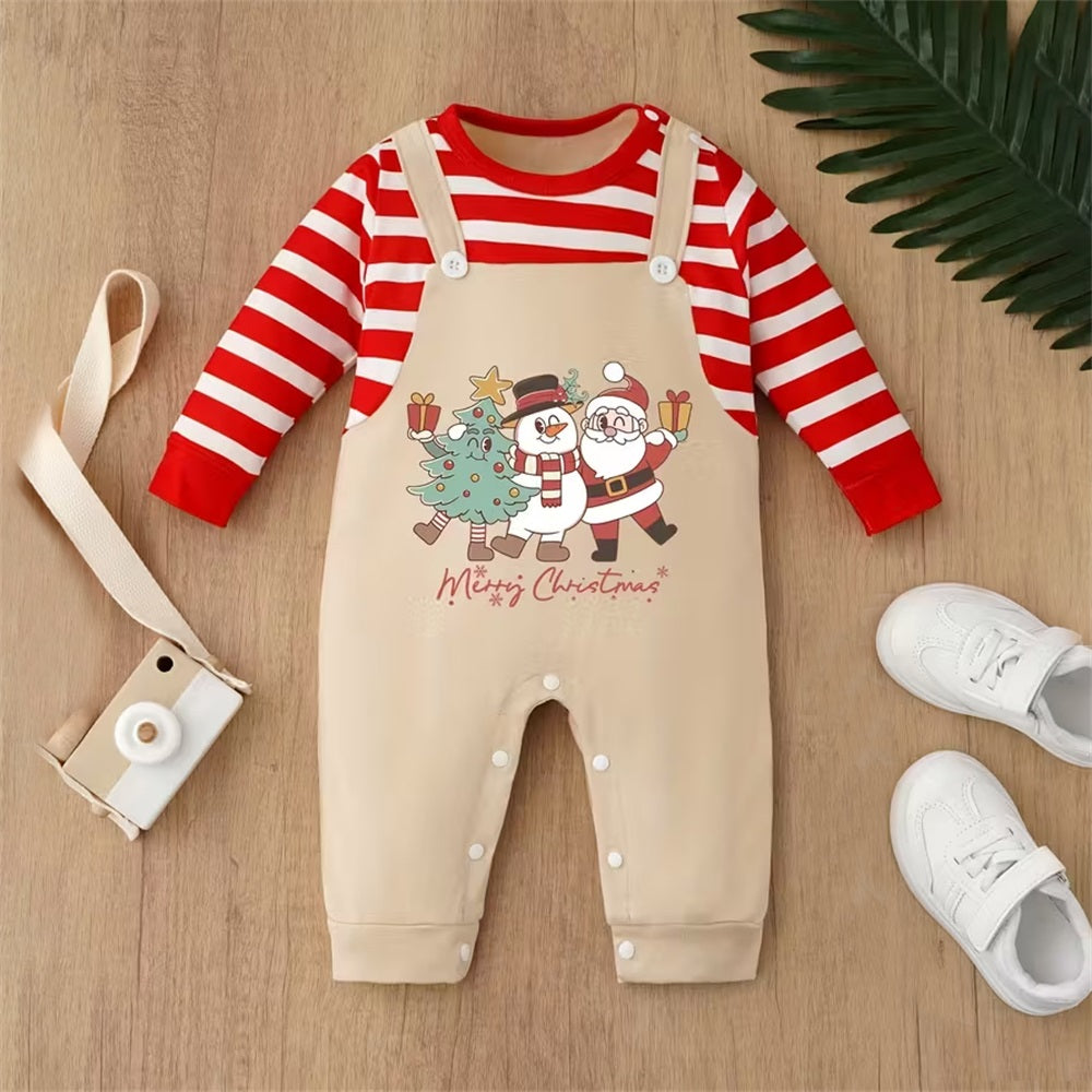 Christmas Santa Claus Print Striped Long Sleeve Baby Jumpsuit