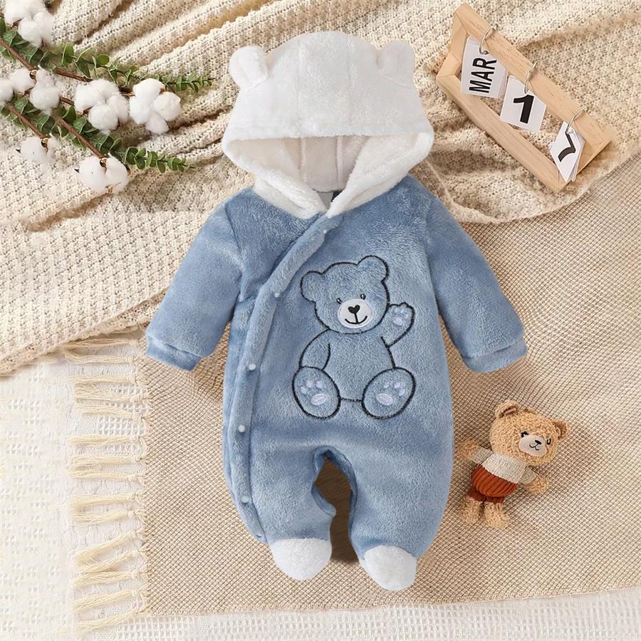Minimalist Cute Bear Print Long Sleeve Hooded Baby Jumpsuit