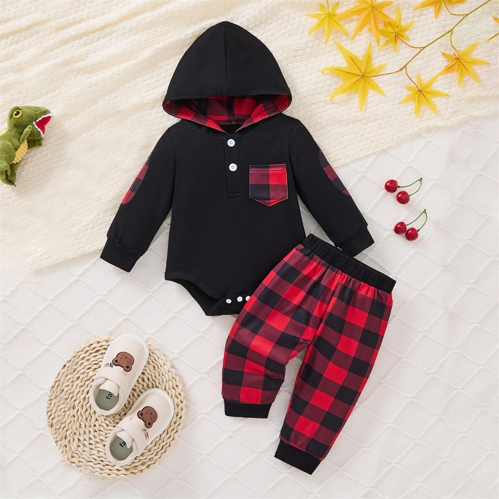 2PCS Casual Stylish Plaid Print Long Sleeve Baby Hooded Set