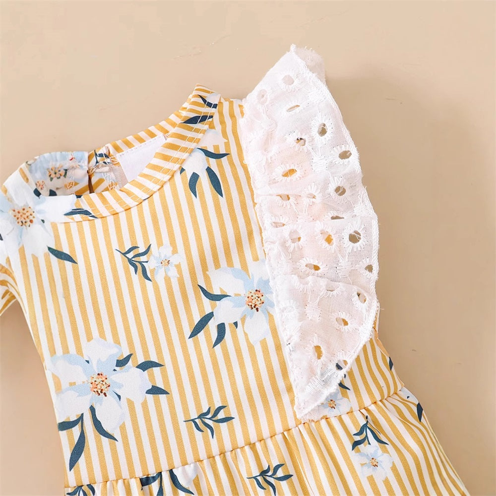 Floral Print Striped Lace Trim Sleeveless Baby Jumpsuit