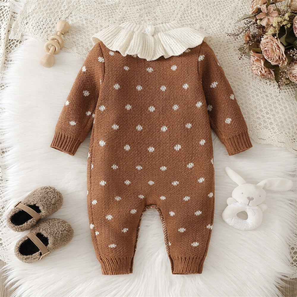 Vintage Ruffle Collar Polka Dot Print Long Sleeve Knit Baby Jumpsuit