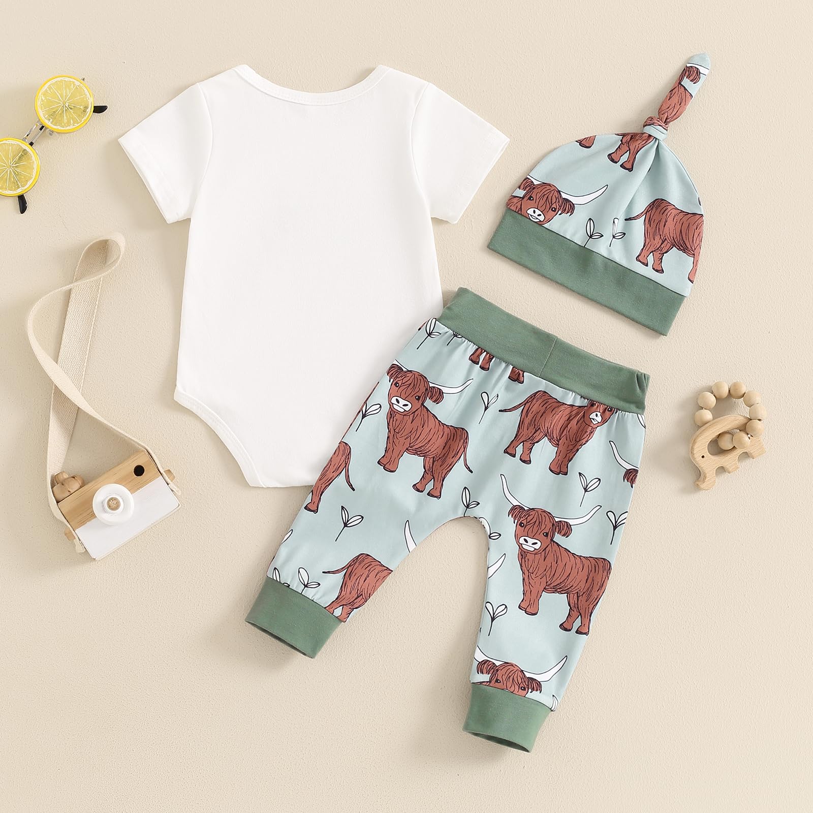 3PCS New To The Hero Letter Western Cow Printed Baby Set