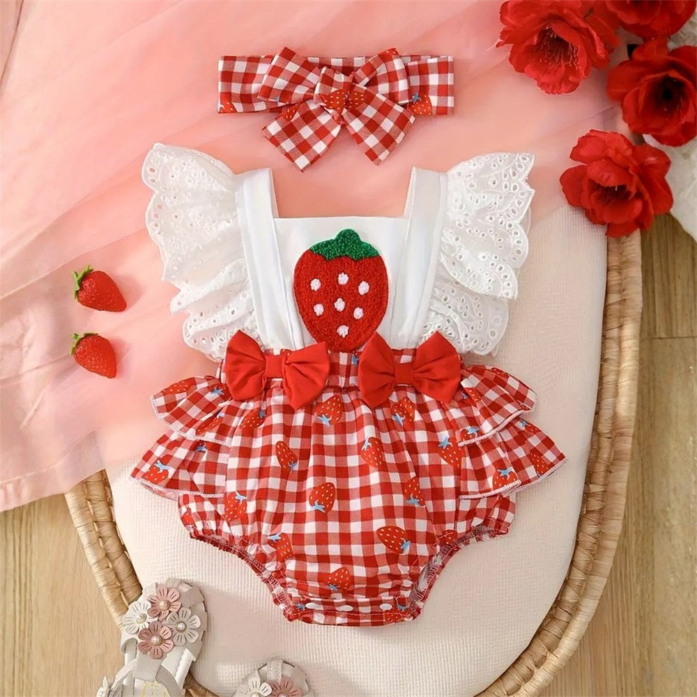2PCS Cute Strawberry Embroidery Plaid Fly Sleeve Baby Romper