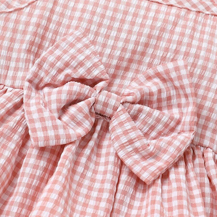 2PCS Pretty Plaid Print Bowknot Sleeveless Baby Romper