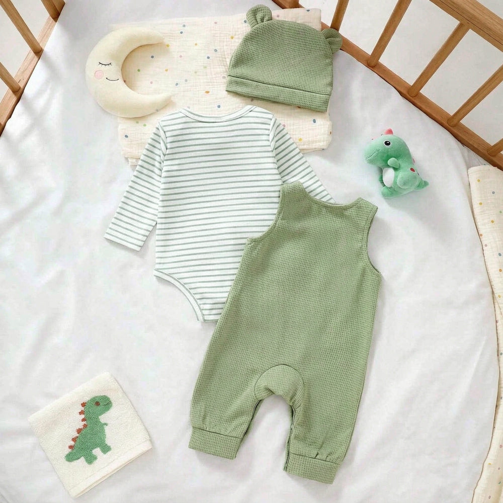 3PCS Mama's Boy Letter Applique Striped Long Sleeve Overalls Baby Set