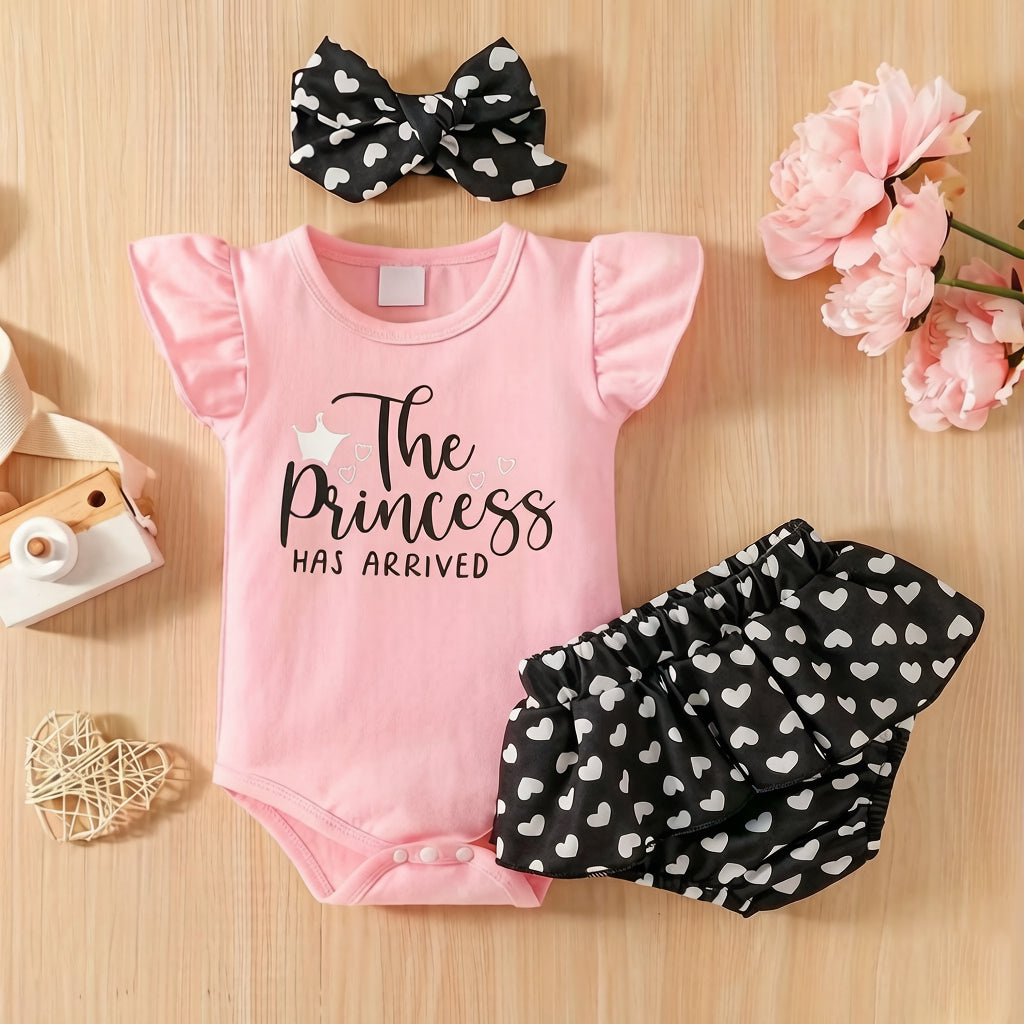 3PCS Pretty The Princess Has Arrived Letter Heart Print Baby Set