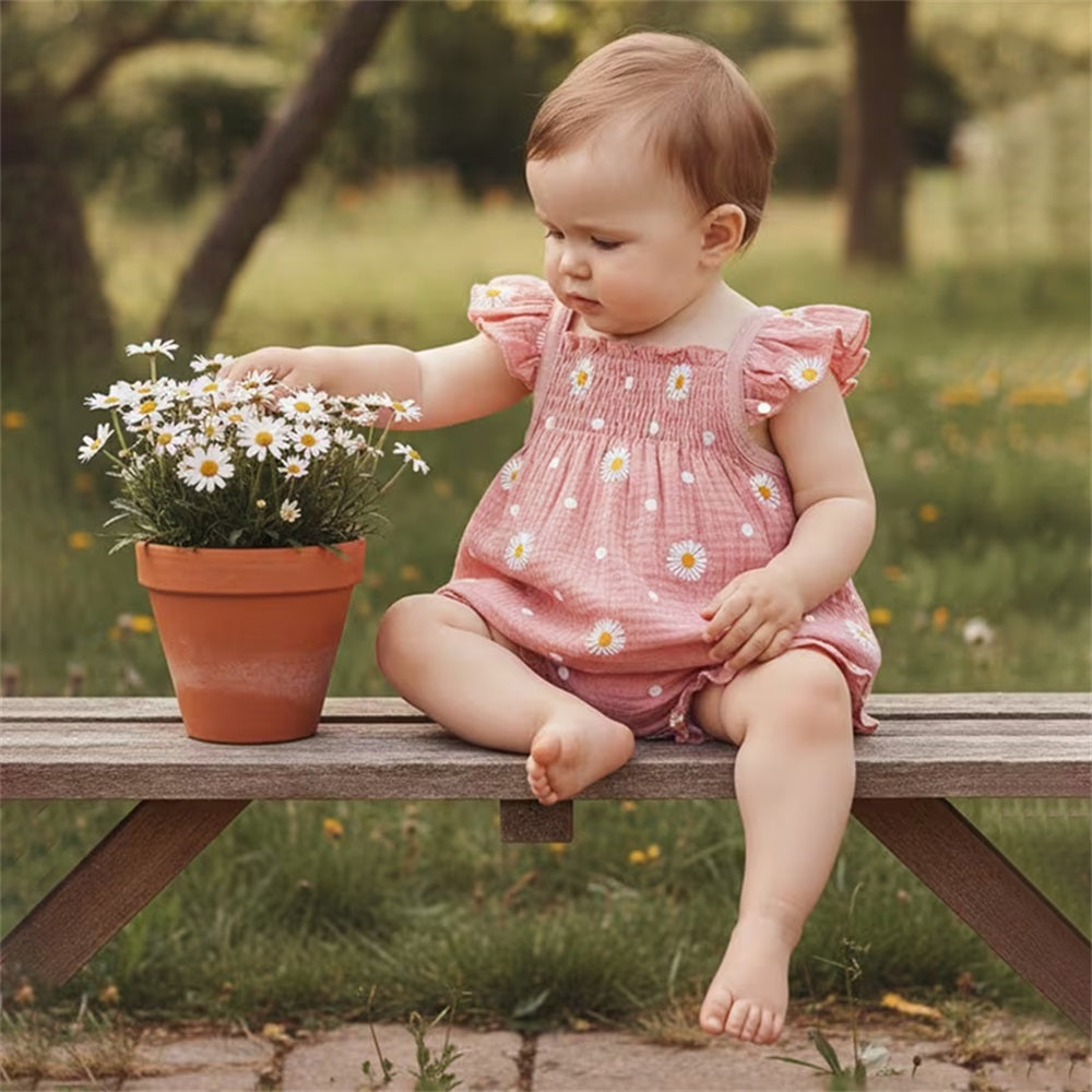 2PCS Summer Cute Daisy Printed Fly Sleeve Baby Set