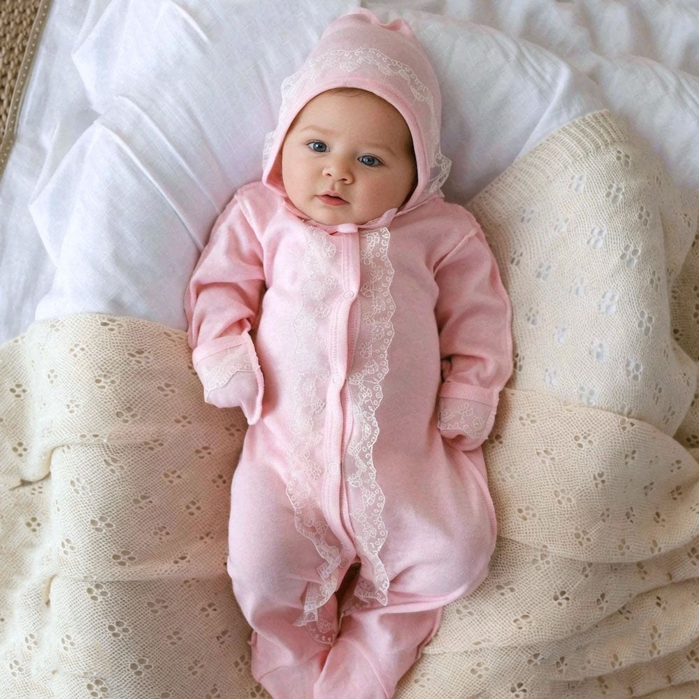 2PCS Sweet Solid Color Lace Trim Long Sleeve Baby Jumpsuit