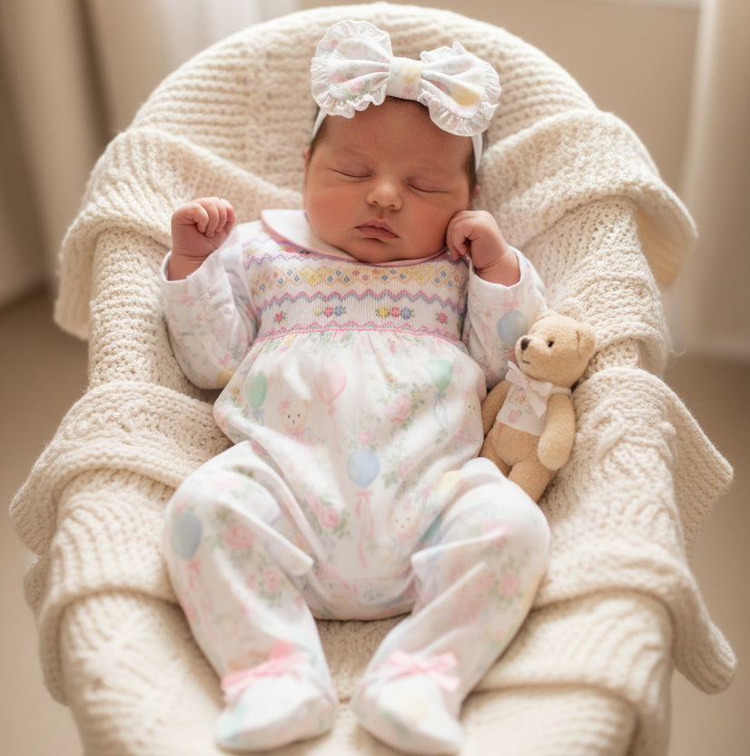 2PCS Lovely Teddy Bear & Balloon Print Long Sleeve Baby Jumpsuit