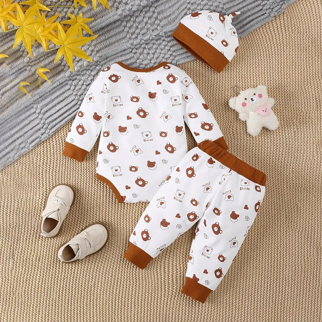 3PCS Cute Bear Printed Long Sleeve Baby Set