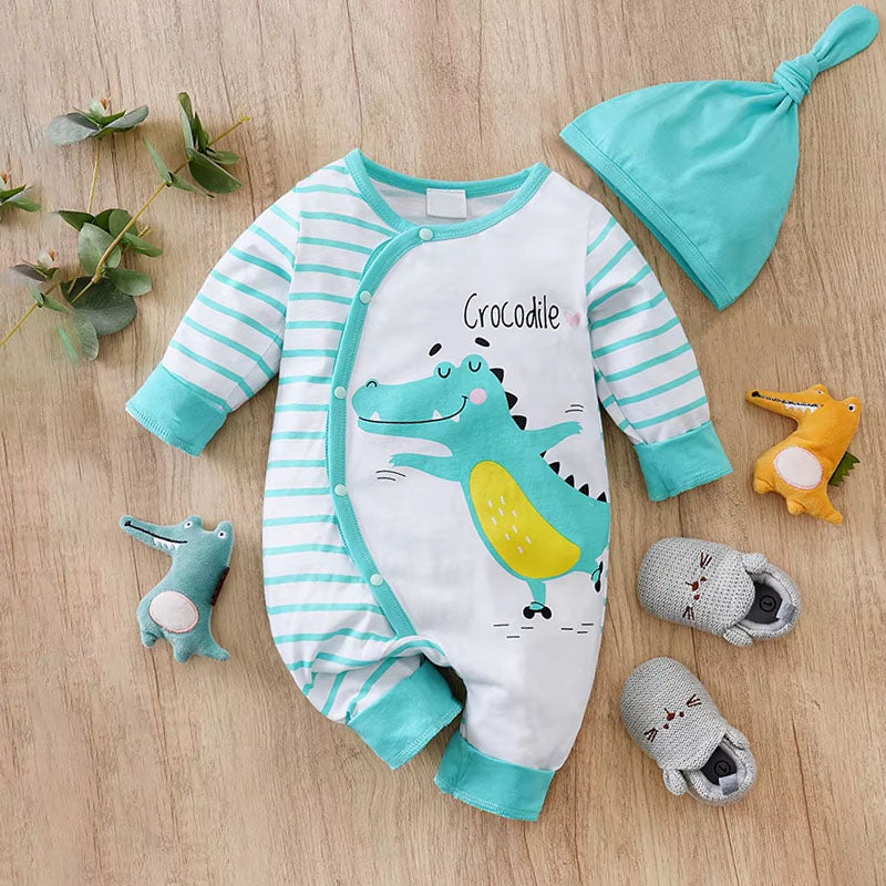 2PCS Chic Stripe Dinosaur Printed Long Sleeve Baby Jumpsuit