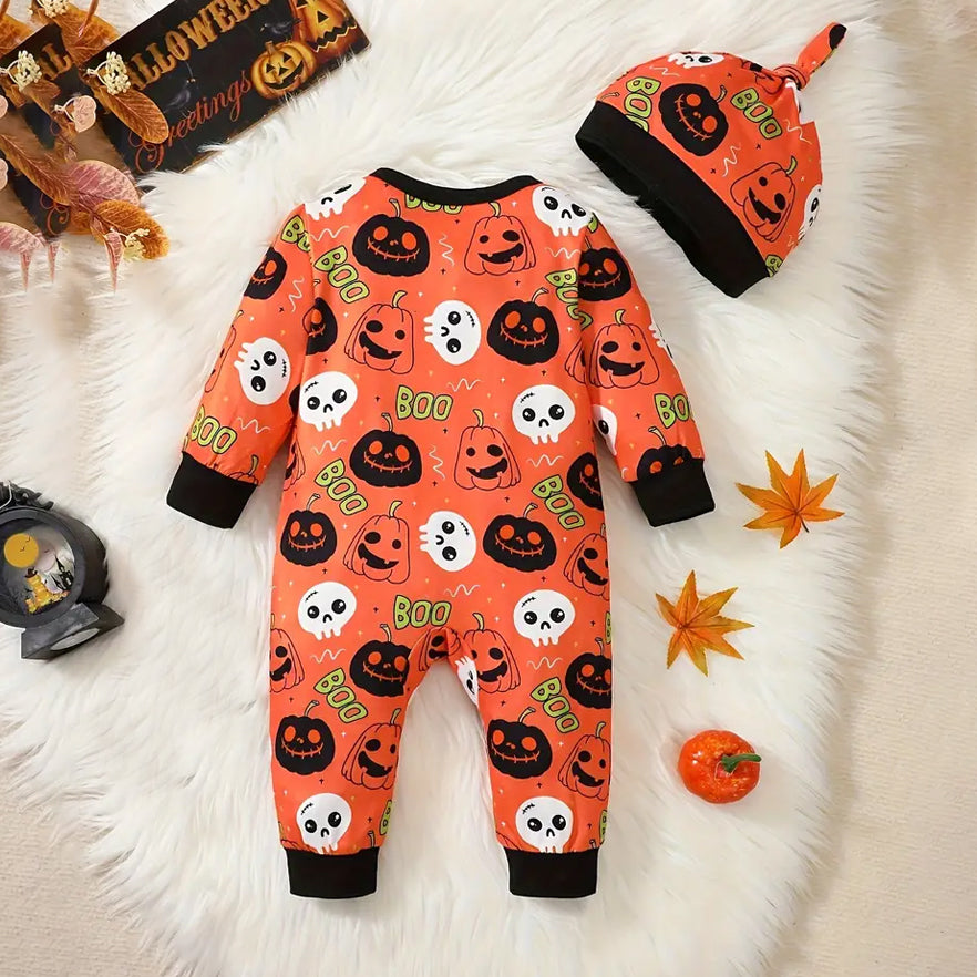 2PCS Pumpkin Skull Print Long Sleeve Baby Jumpsuit