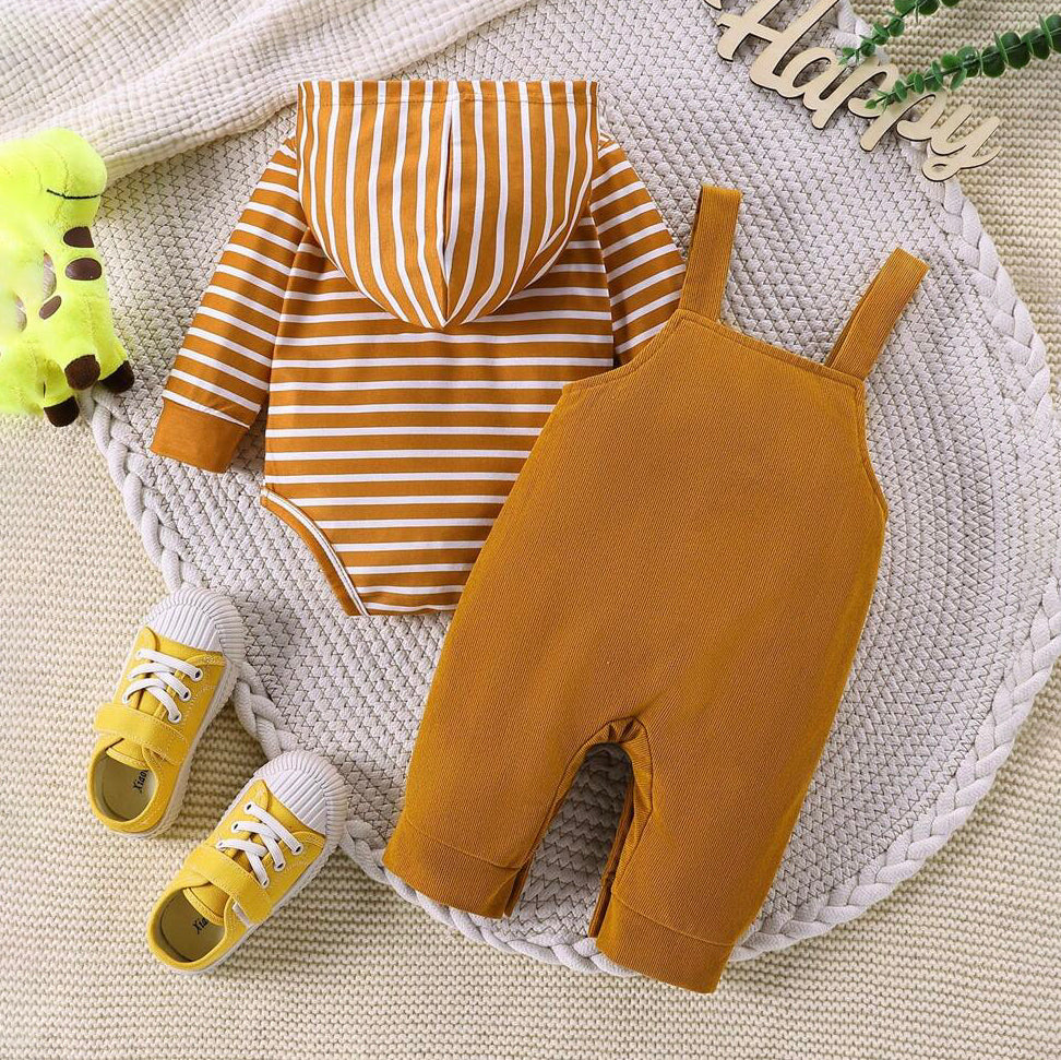 2PCS Stripe Lion Printed Long Sleeve Overalls Baby Set