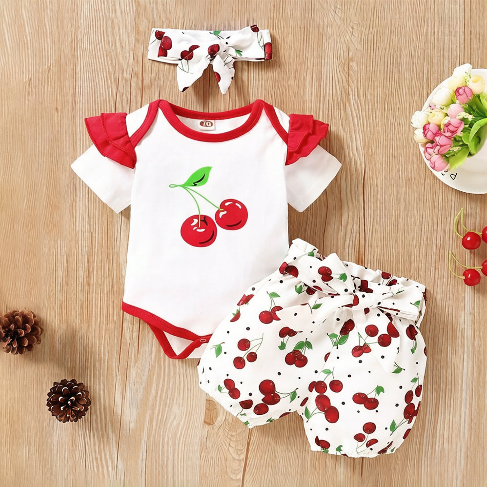 3PCS Adorable Cherry Print Bow Short Sleeve Baby Set