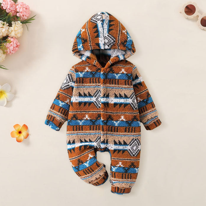 Fuzzy Geometric Patterns Printed Hoodie Baby Jumpsuit