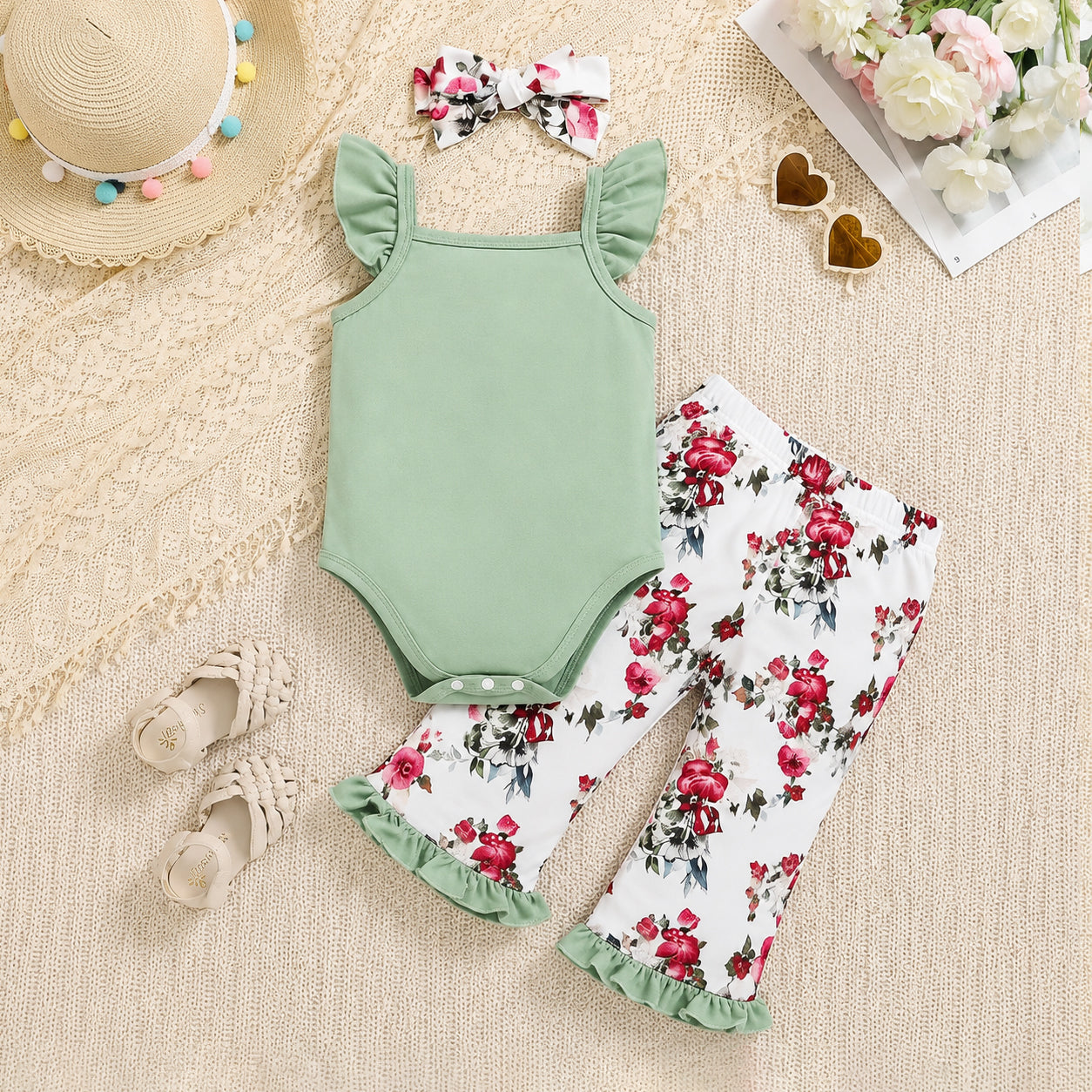3PCS  I Got It From My Mama Letter Floral Print Flutter Sleeve Baby Set
