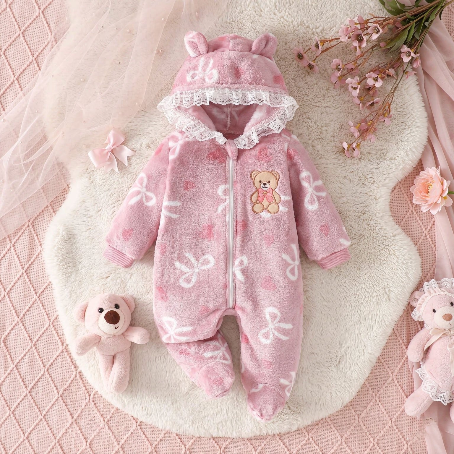 Grace Bow Printed Bear Embroidered Fuzzy Hoodie Long Sleeve Baby Jumpsuit