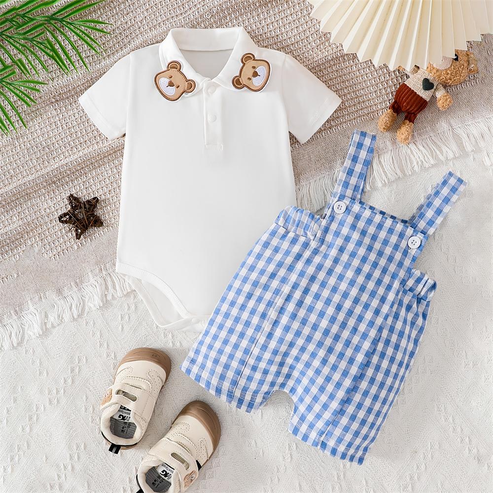 2PCS Bear Appliqué Plaid Print Short Sleeve Overalls Baby Set
