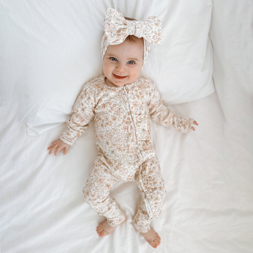 2PCS Allover Floral Print Long Sleeve Zipper Baby Jumpsuit