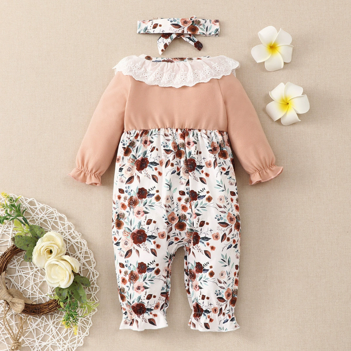 2PCS Pretty Floral Printed Lace Trim Baby Jumpsuit