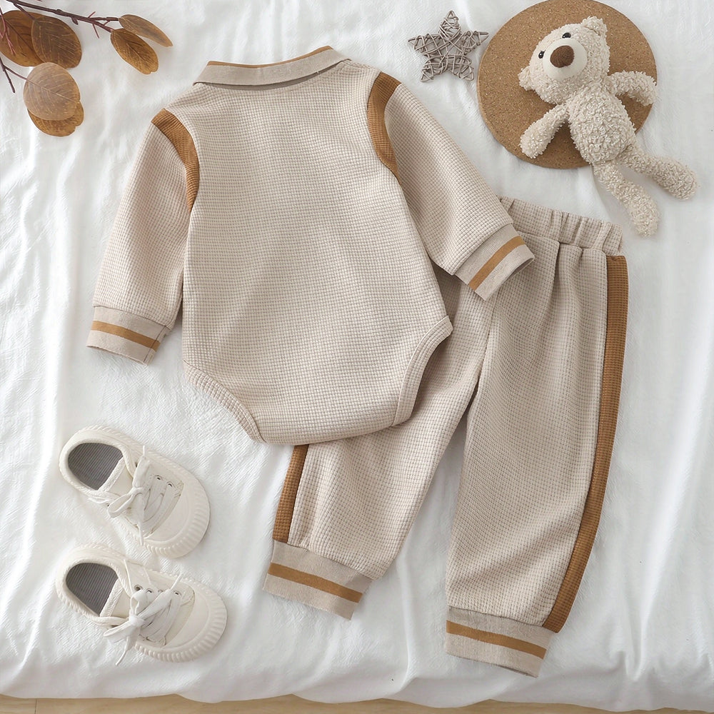 2PCS Casual Bear Applique Colorblock Baby Boy Waffle Set