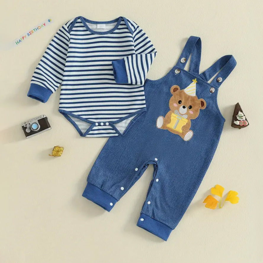 2PCS Cute Bear Print Striped Long Sleeve Baby Set