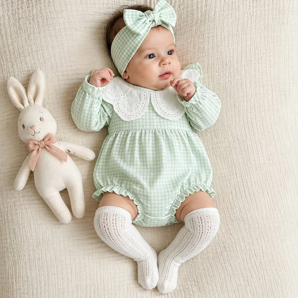 2PCS Baby Girl Plaid Printed Lace Collar Long Sleeve Romper