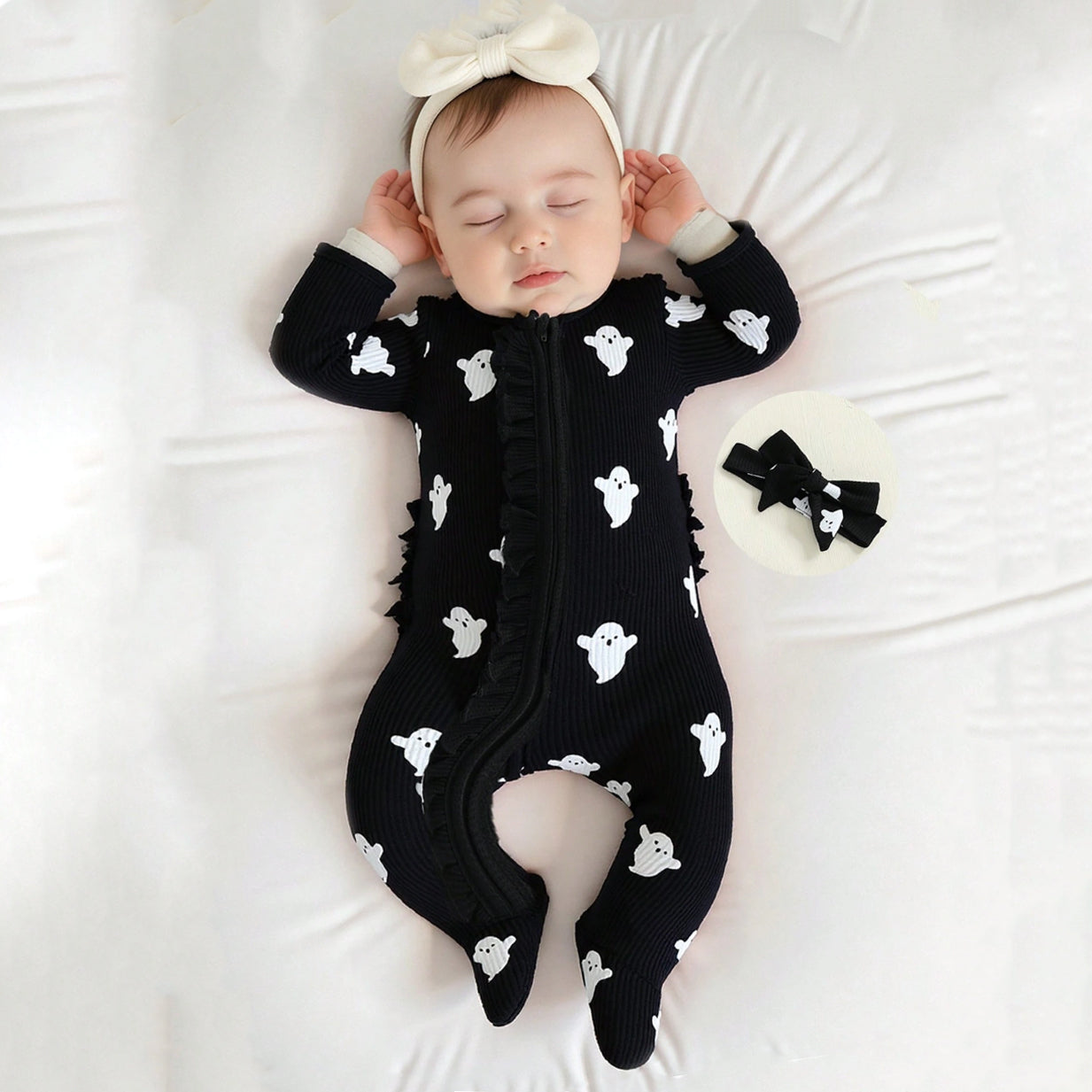 2PCS Halloween Ghost Printed Zipper Baby Jumpsuit
