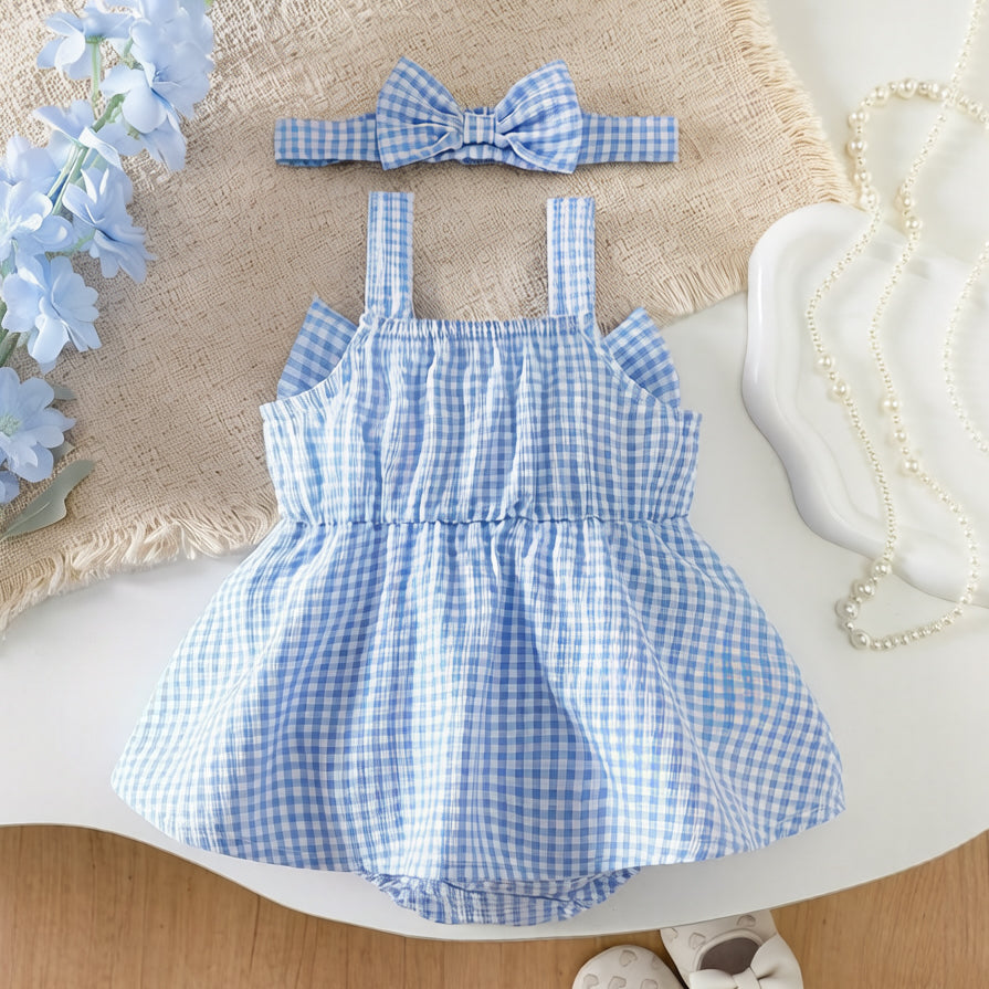 2PCS Classy Plaid Printed Sleeveless Baby Romper